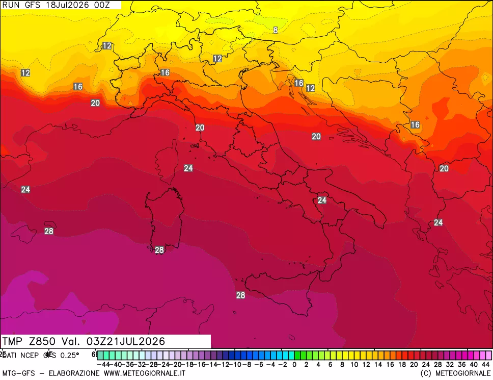 mappa 850 hPa Temp