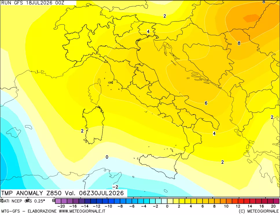 mappa 850 hPa Temp Anomaly vs Cli.No 1981-2010
