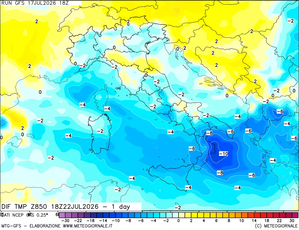 mappa 850 hPA Dif. Temp -24 ore