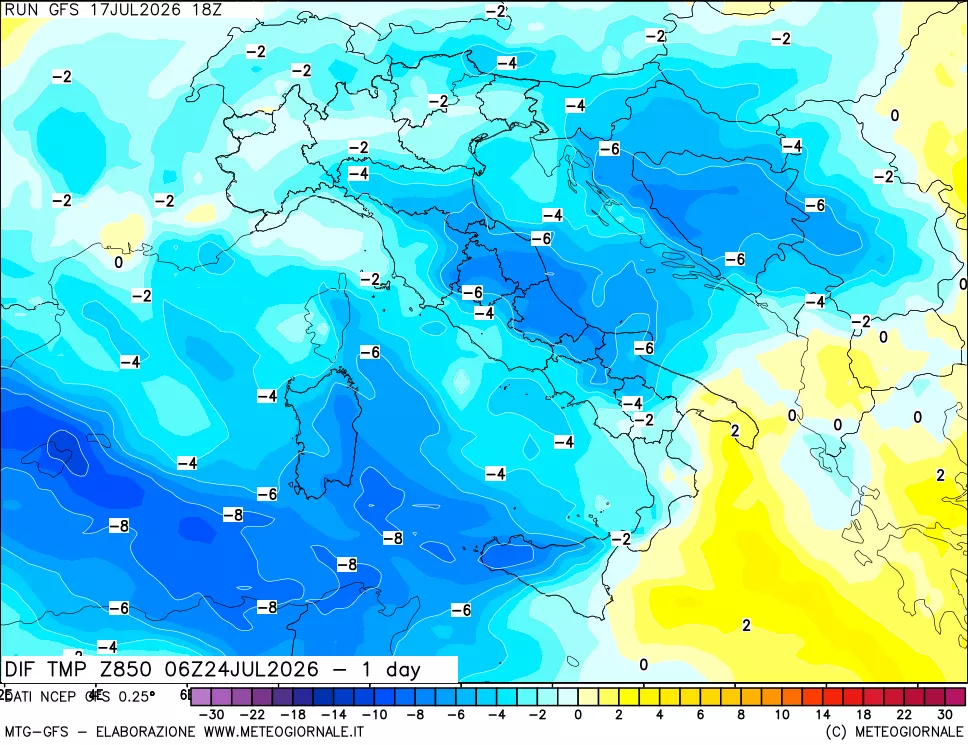 mappa 850 hPA Dif. Temp -24 ore