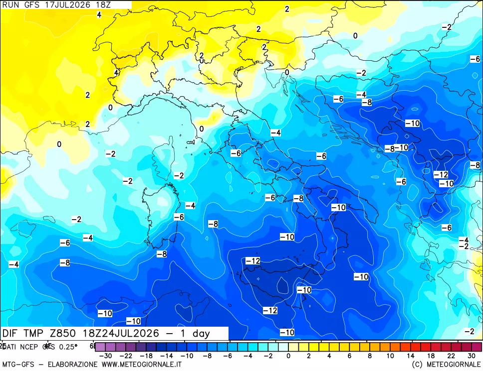 mappa 850 hPA Dif. Temp -24 ore