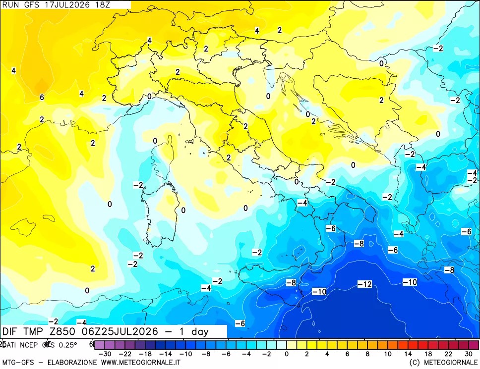 mappa 850 hPA Dif. Temp -24 ore
