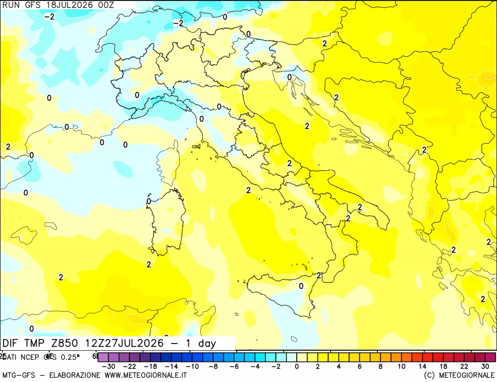 mappa Dif. Temp a 850 hPa Valid - 1 day