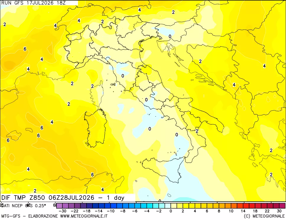 mappa Dif. Temp a 850 hPa Valid - 1 day
