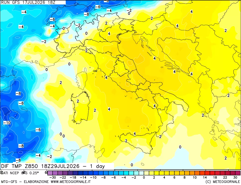 mappa 850 hPA Dif. Temp -24 ore
