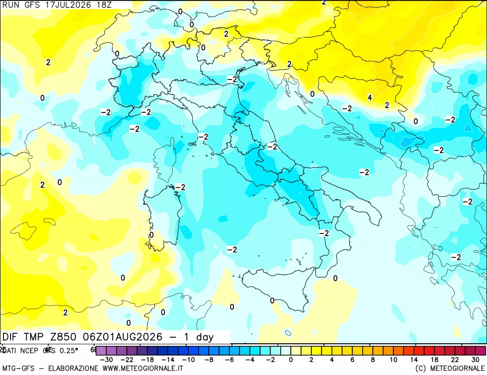 mappa Dif. Temp a 850 hPa Valid - 1 day