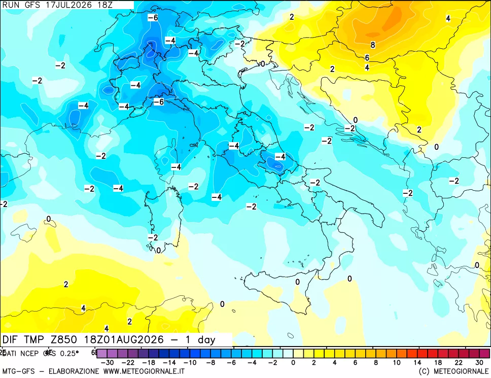 mappa Dif. Temp a 850 hPa Valid - 1 day