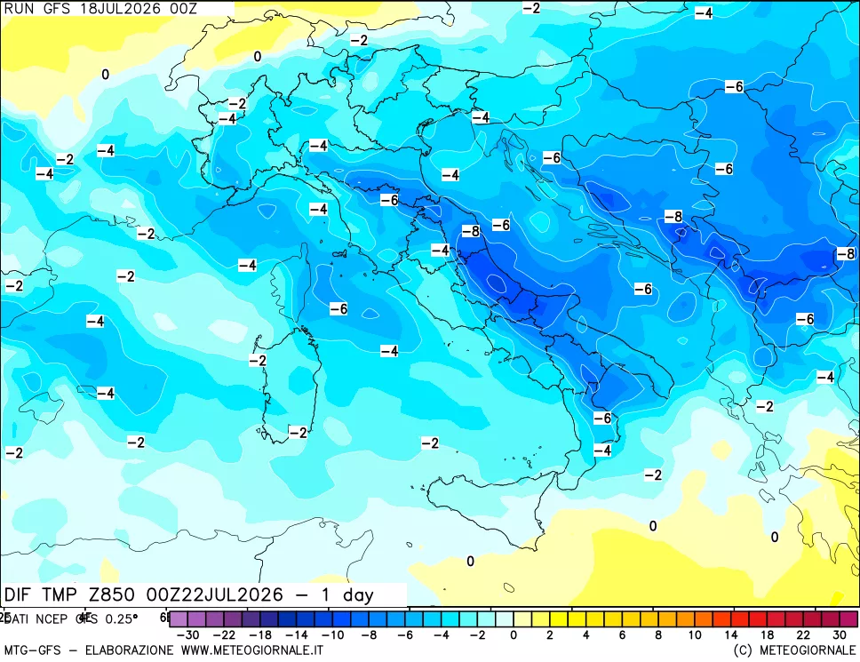 mappa Dif. Temp a 850 hPa Valid - 1 day