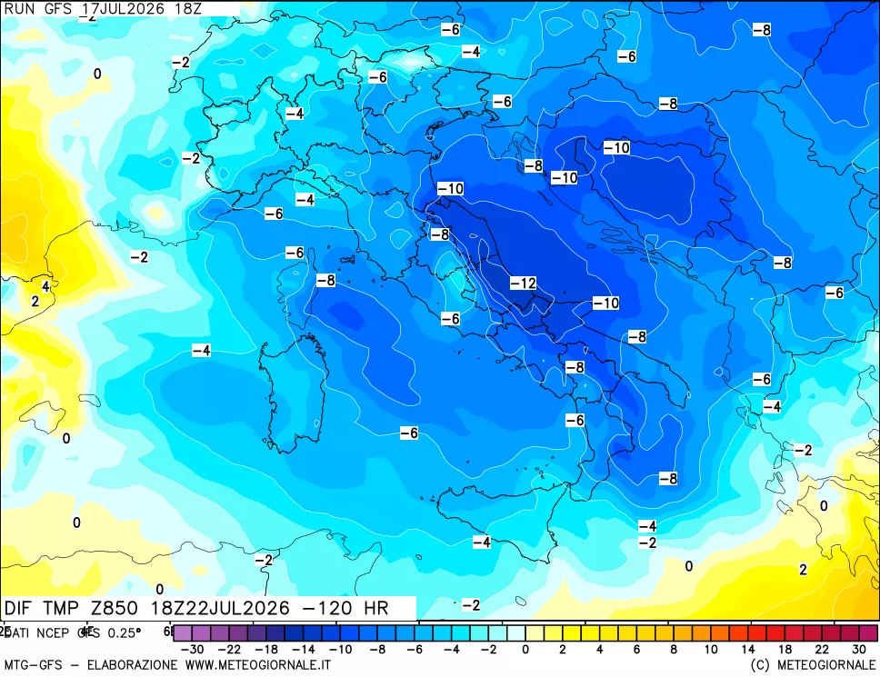 mappa Dif. Temp a 850 hPa Valid - Init