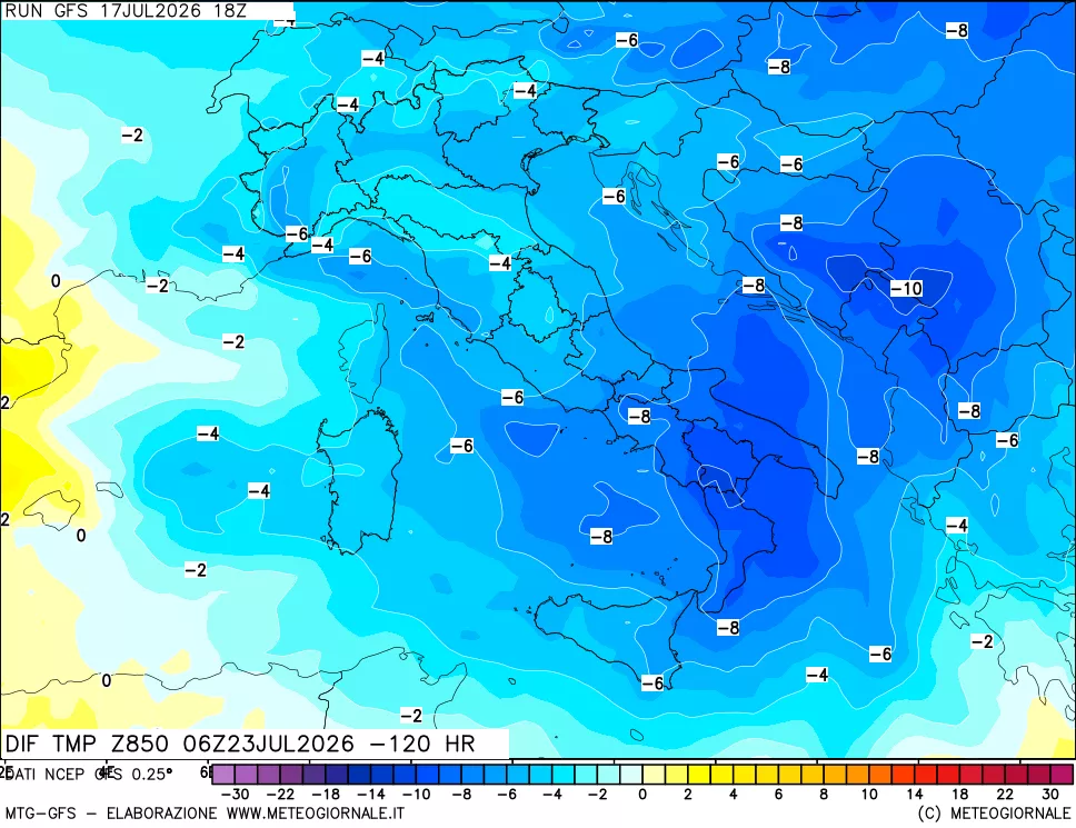 mappa Dif. Temp a 850 hPa Valid - Init