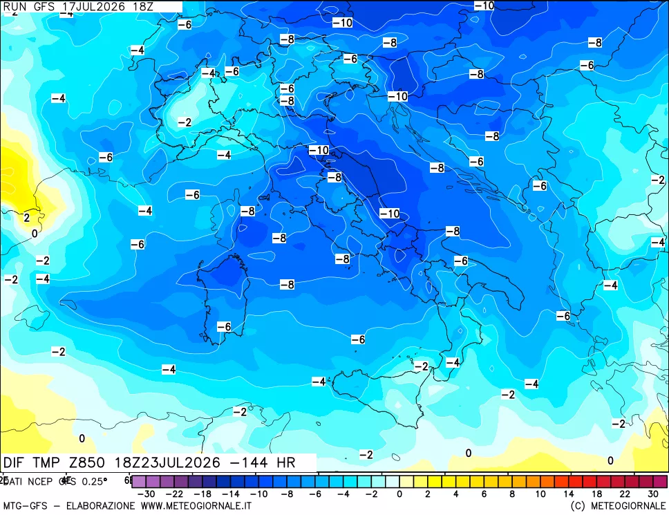 mappa Dif. Temp a 850 hPa Valid - Init