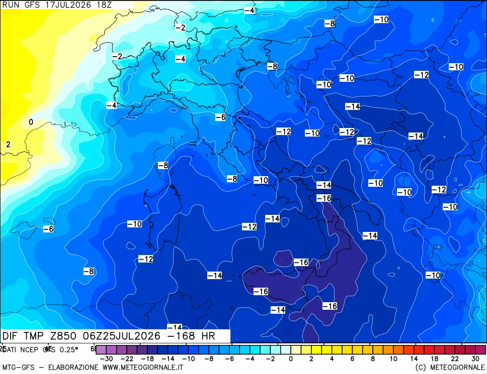 mappa Dif. Temp a 850 hPa Valid - Init