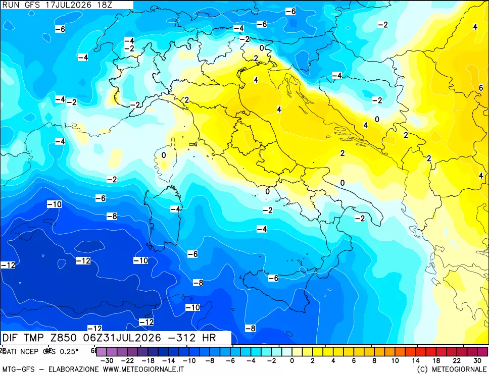 mappa Dif. Temp a 850 hPa Valid - Init