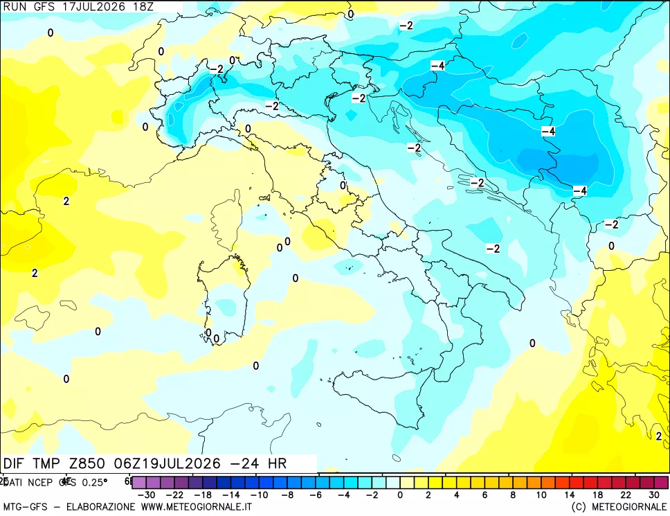 mappa Dif. Temp a 850 hPa Valid - Init