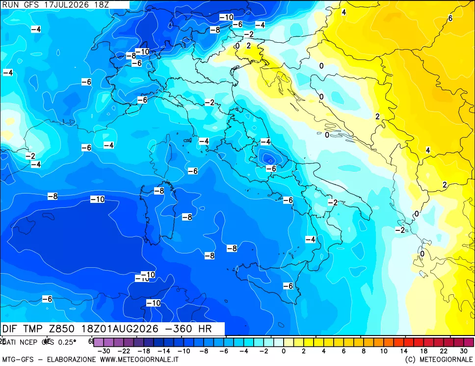mappa Dif. Temp a 850 hPa Valid - Init