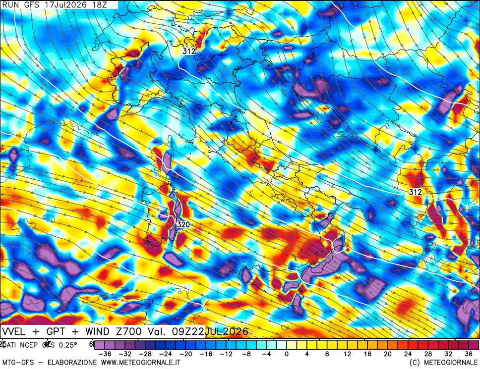 mappa 700 hPa Velocit&agrave; verticiali + GPT + Vento