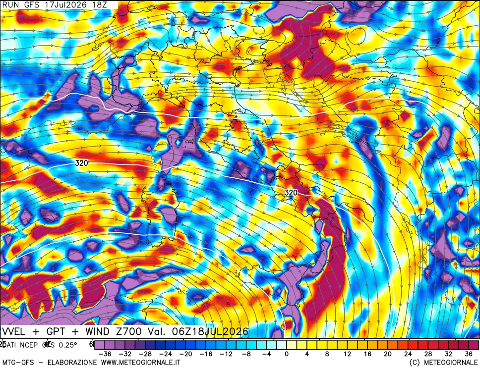 mappa 700 hPa Velocit&agrave; verticiali + GPT + Vento