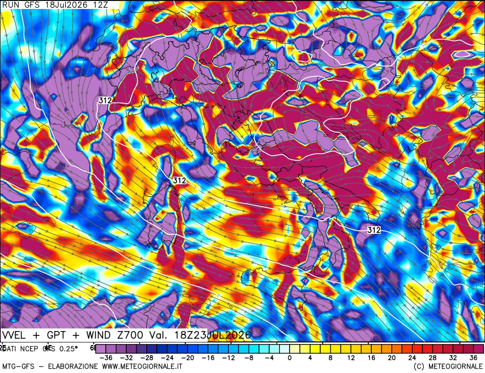 mappa 700 hPa Velocit&agrave; verticiali + GPT + Vento