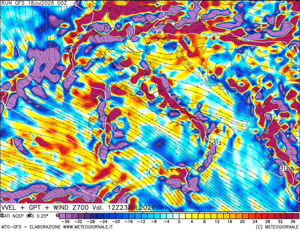 mappa 700 hPa Velocit&agrave; verticiali + GPT + Vento