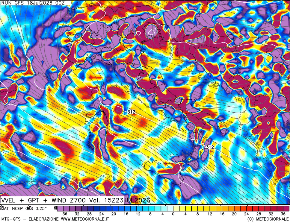 mappa 700 hPa Velocit&agrave; verticiali + GPT + Vento