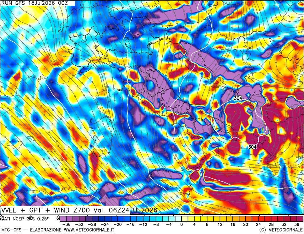 mappa 700 hPa Velocit&agrave; verticiali + GPT + Vento
