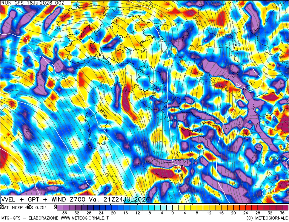 mappa 700 hPa Velocit&agrave; verticiali + GPT + Vento
