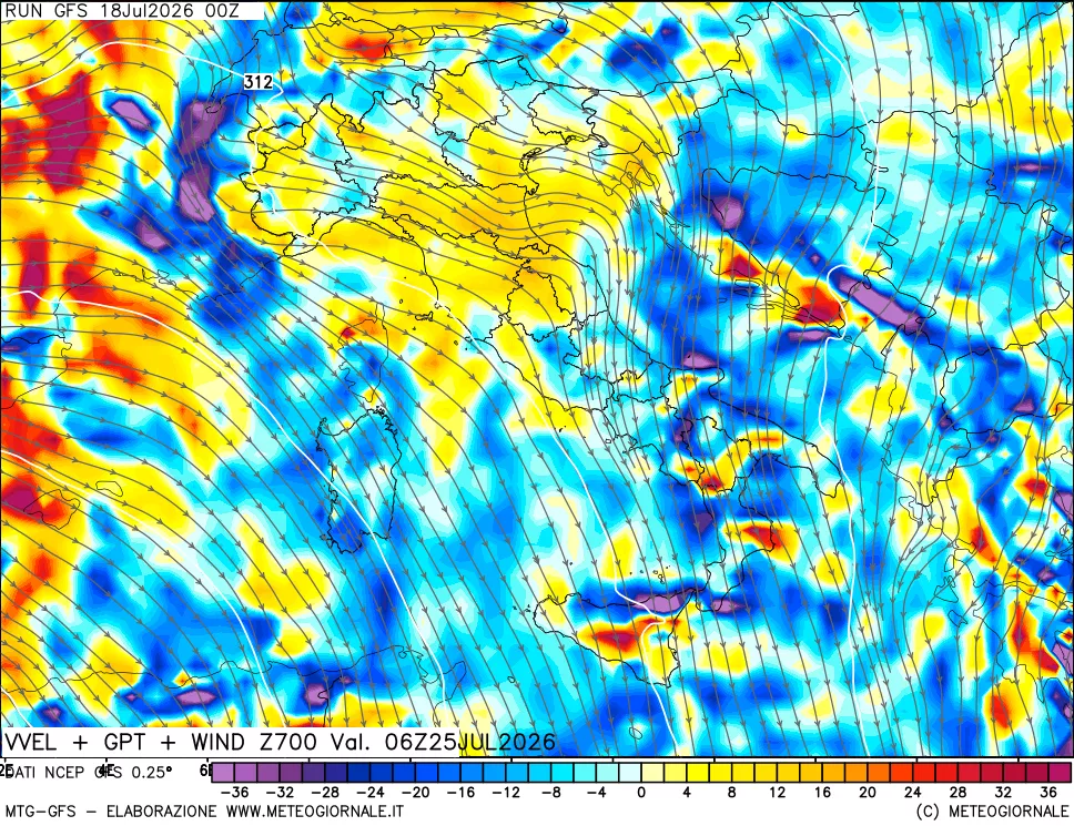 mappa 700 hPa Velocit&agrave; verticiali + GPT + Vento