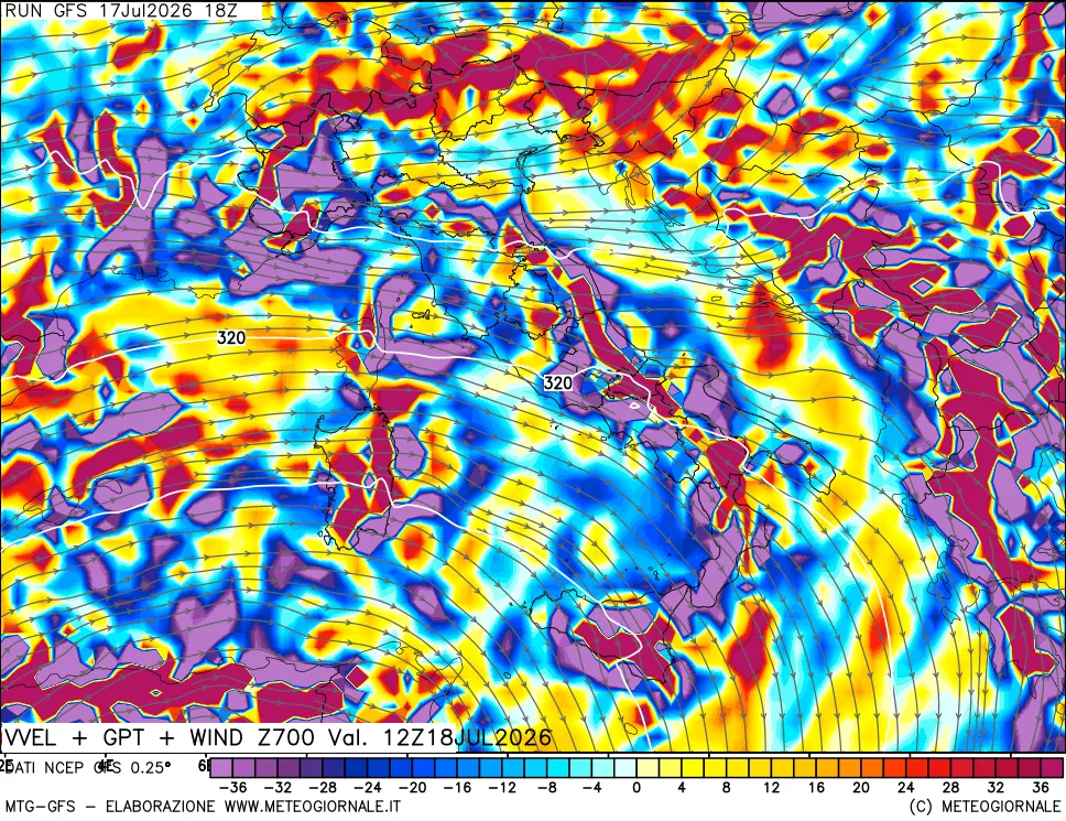 mappa 700 hPa Velocit&agrave; verticiali + GPT + Vento