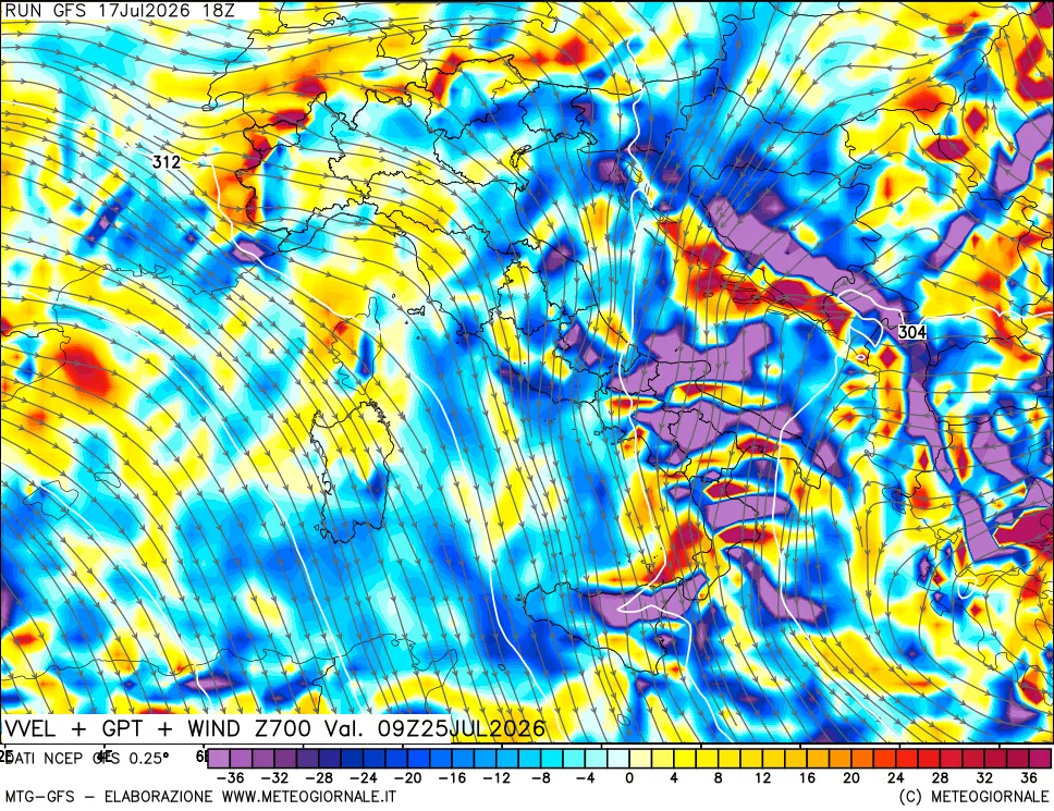 mappa 700 hPa Velocit&agrave; verticiali + GPT + Vento