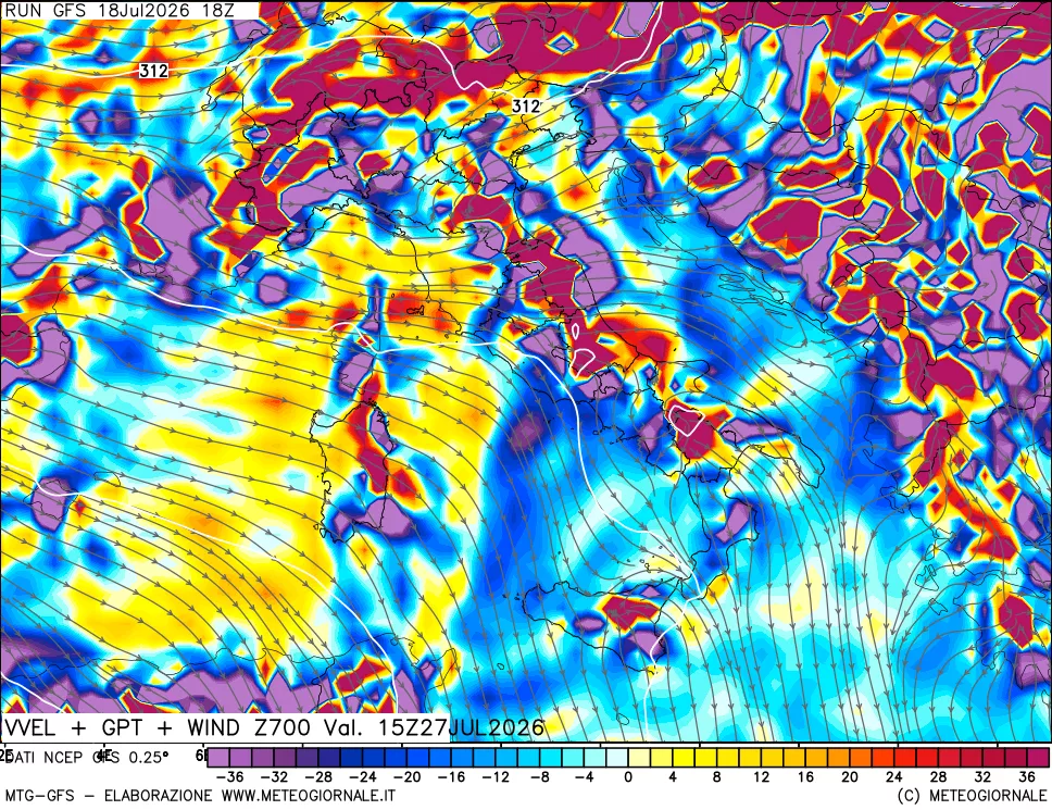 mappa 700 hPa Velocit&agrave; verticiali + GPT + Vento