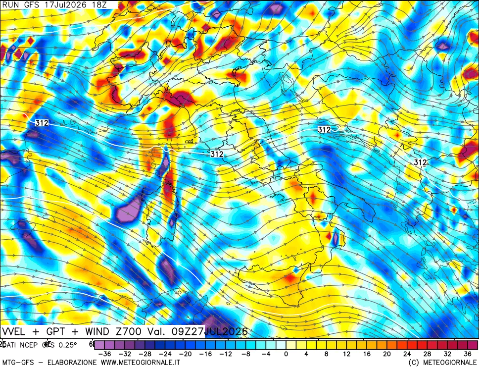 mappa 700 hPa Velocit&agrave; verticiali + GPT + Vento