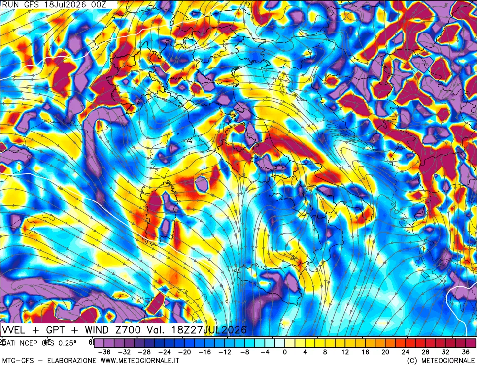 mappa 700 hPa Velocit&agrave; verticiali + GPT + Vento