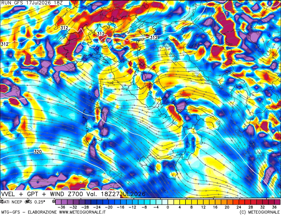 mappa 700 hPa Velocit&agrave; verticiali + GPT + Vento