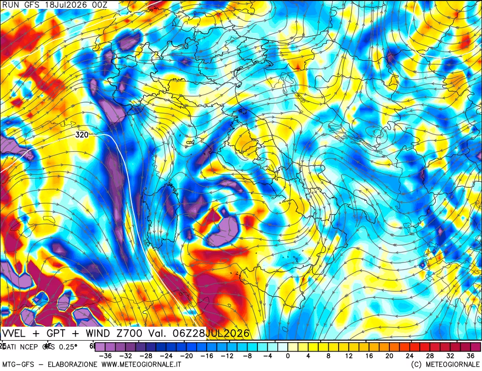 mappa 700 hPa Velocit&agrave; verticiali + GPT + Vento