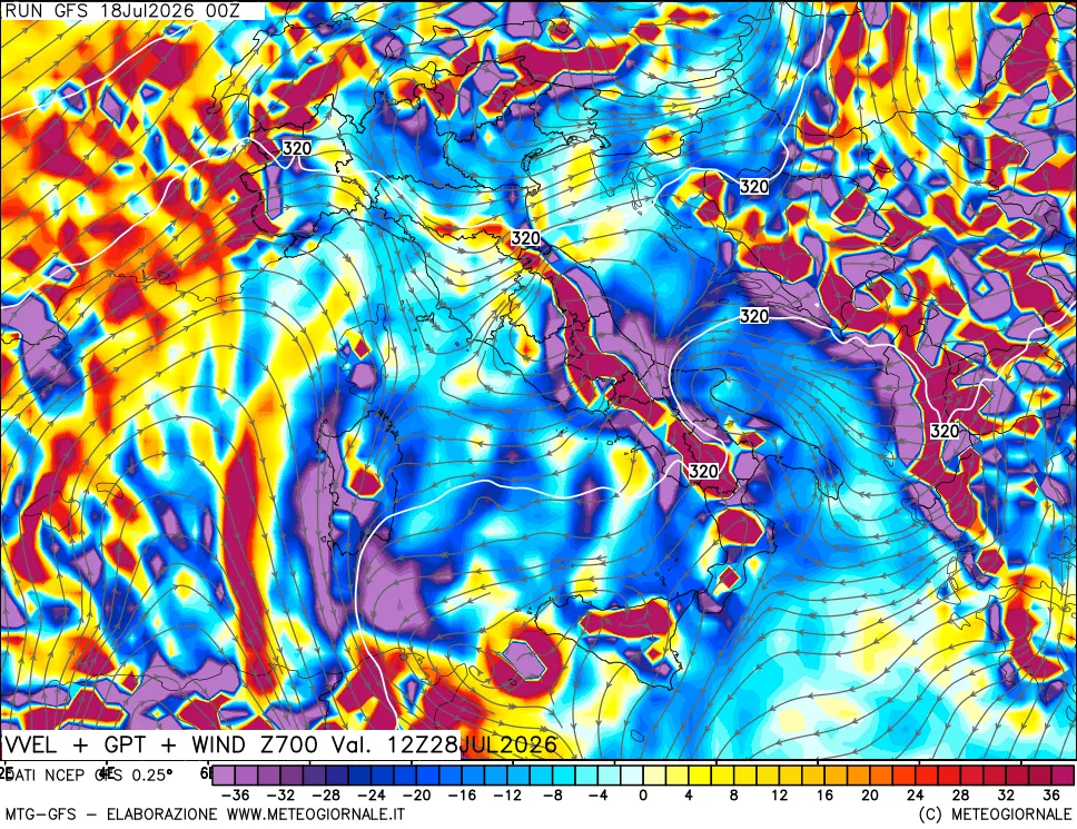 mappa 700 hPa Velocit&agrave; verticiali + GPT + Vento