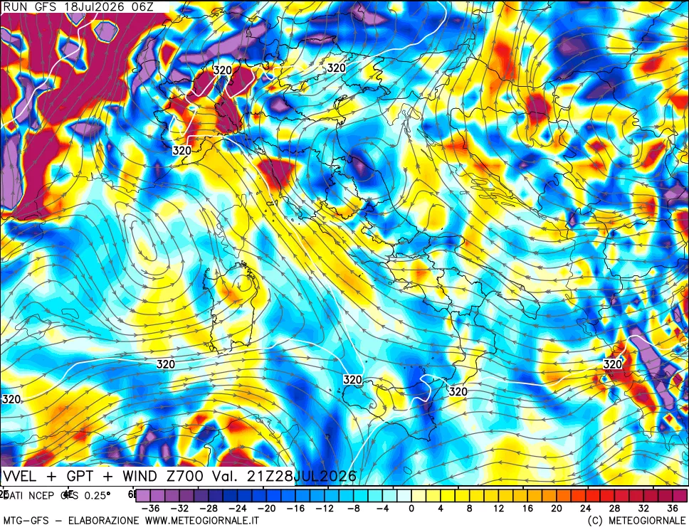 mappa 700 hPa Velocit&agrave; verticiali + GPT + Vento
