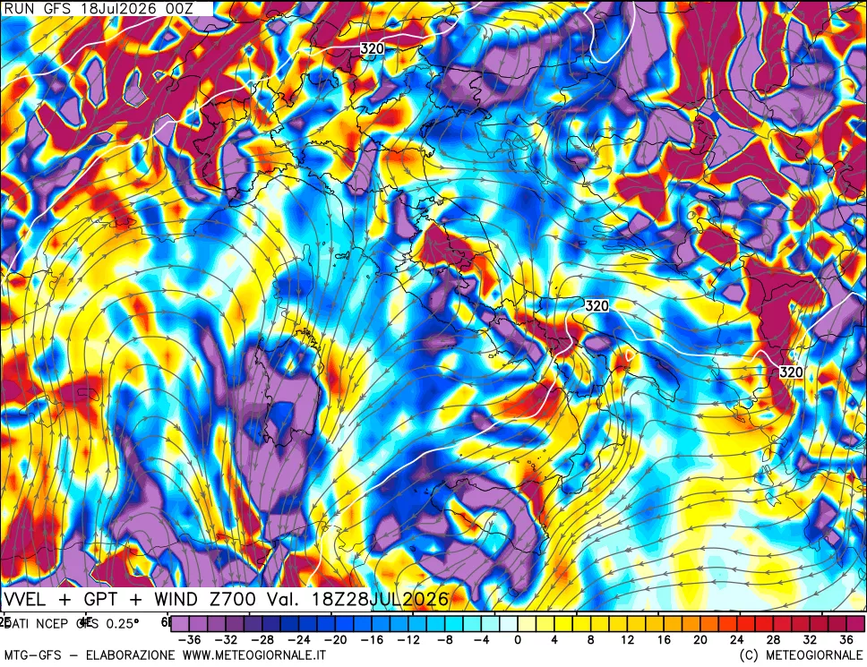 mappa 700 hPa Velocit&agrave; verticiali + GPT + Vento
