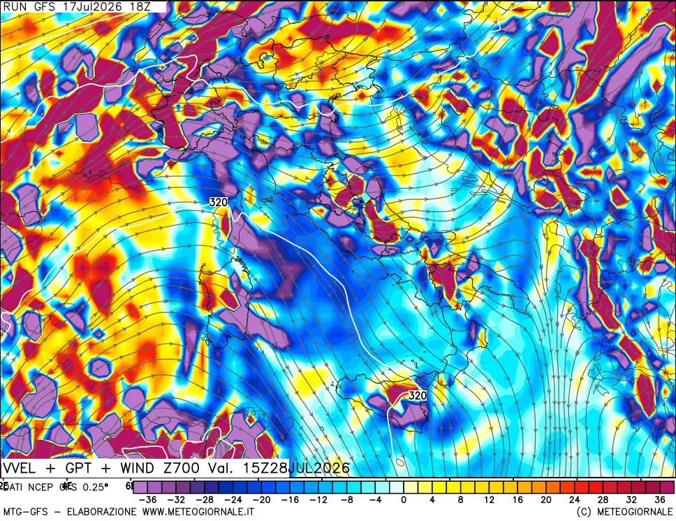 mappa 700 hPa Velocit&agrave; verticiali + GPT + Vento