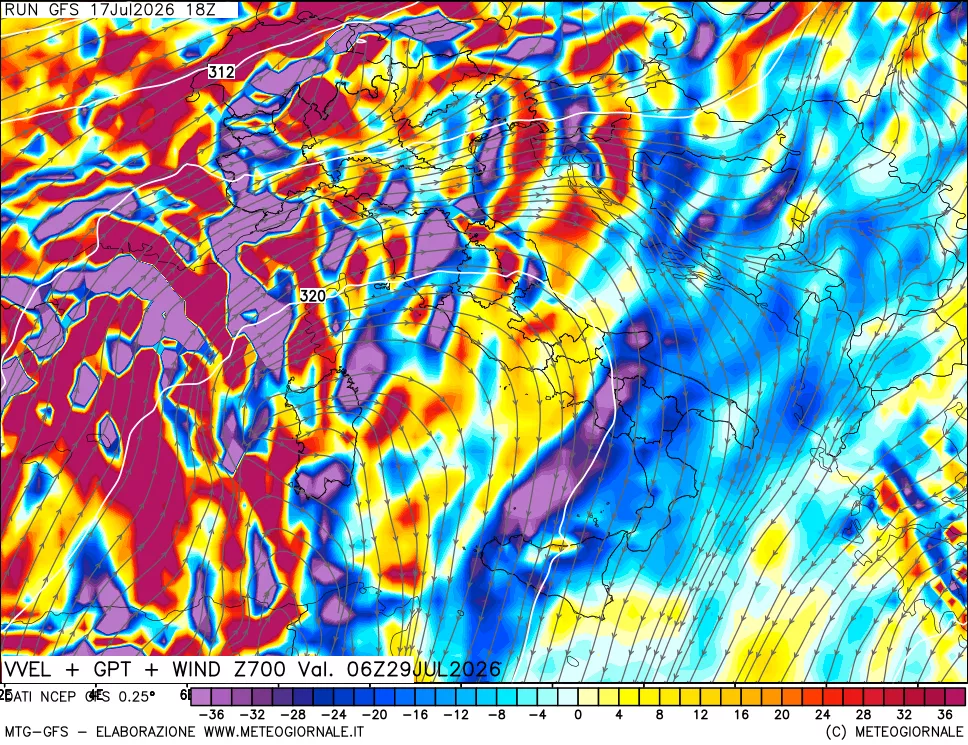 mappa 700 hPa Velocit&agrave; verticiali + GPT + Vento