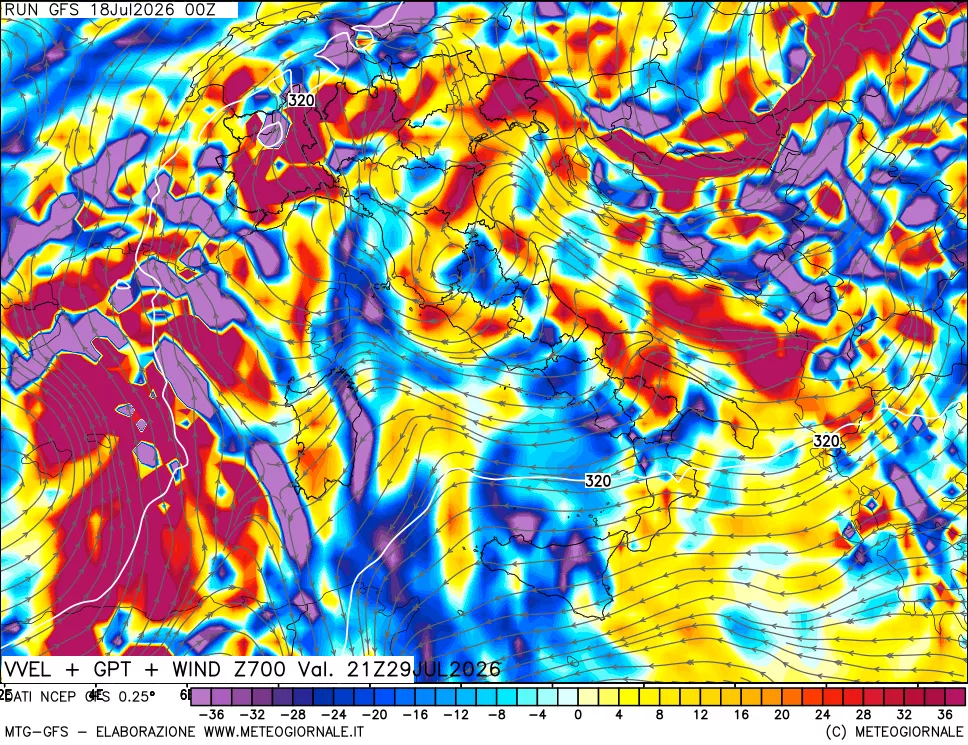 mappa 700 hPa Velocit&agrave; verticiali + GPT + Vento