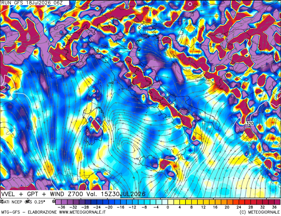 mappa 700 hPa Velocit&agrave; verticiali + GPT + Vento