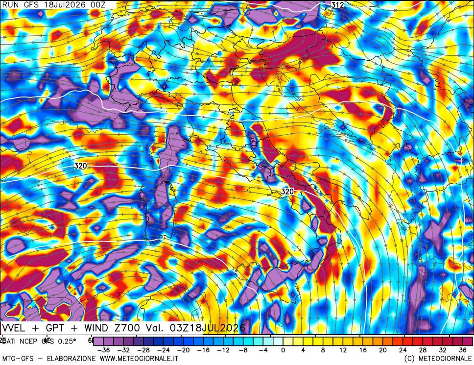 mappa 700 hPa Velocit&agrave; verticiali + GPT + Vento