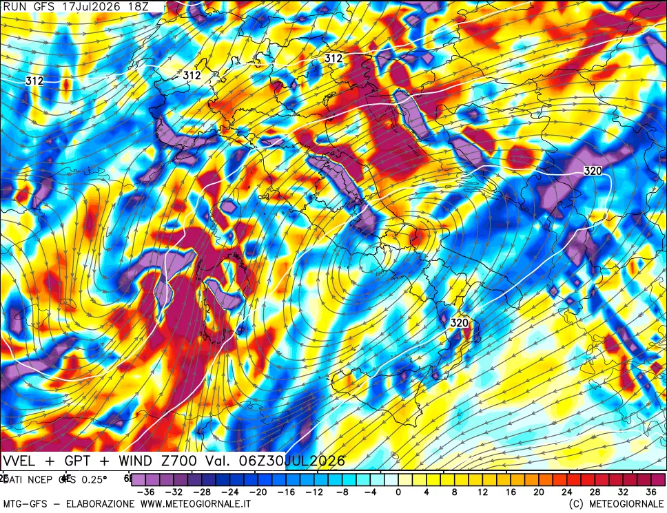 mappa 700 hPa Velocit&agrave; verticiali + GPT + Vento