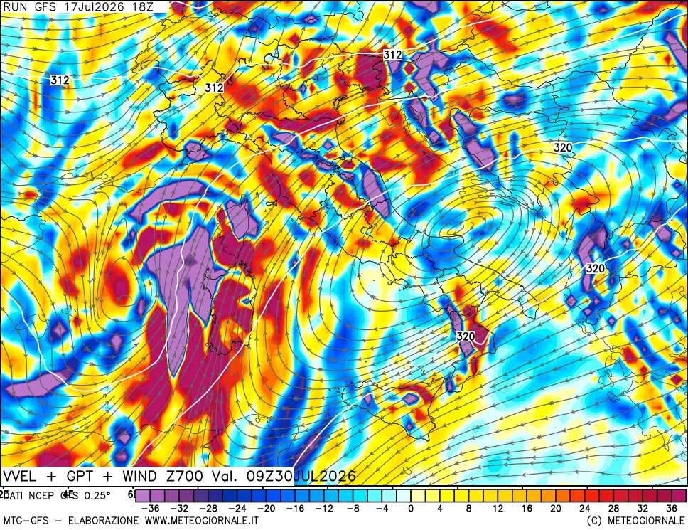 mappa 700 hPa Velocit&agrave; verticiali + GPT + Vento