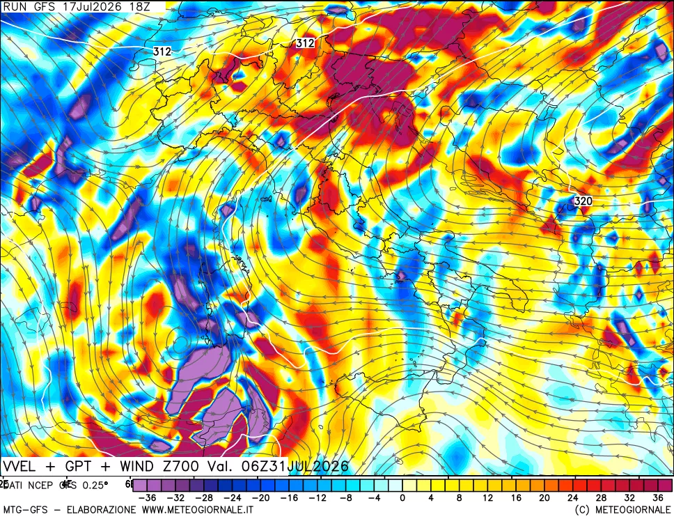 mappa 700 hPa Velocit&agrave; verticiali + GPT + Vento