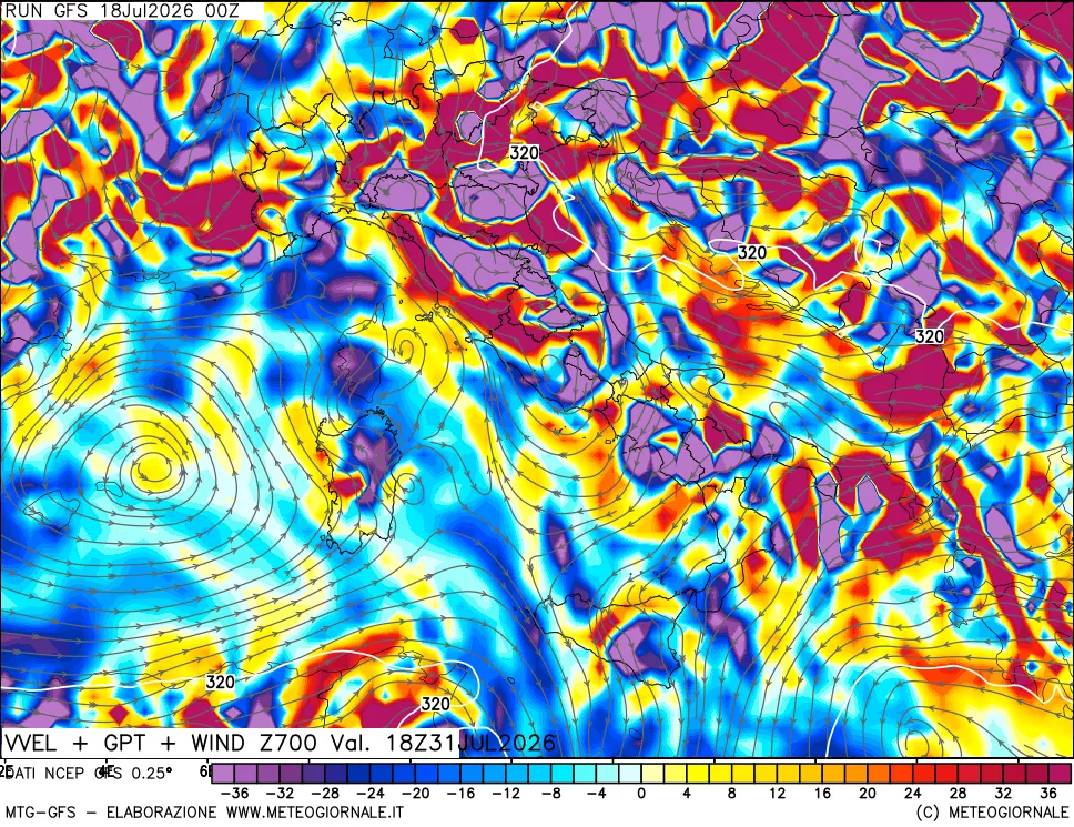 mappa 700 hPa Velocit&agrave; verticiali + GPT + Vento