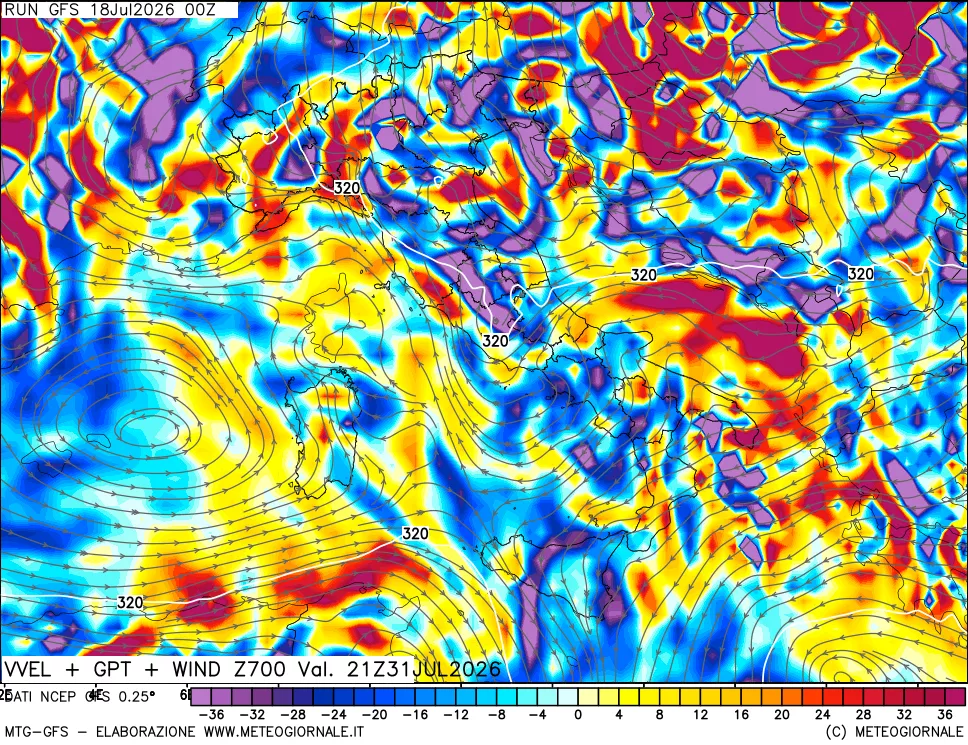 mappa 700 hPa Velocit&agrave; verticiali + GPT + Vento