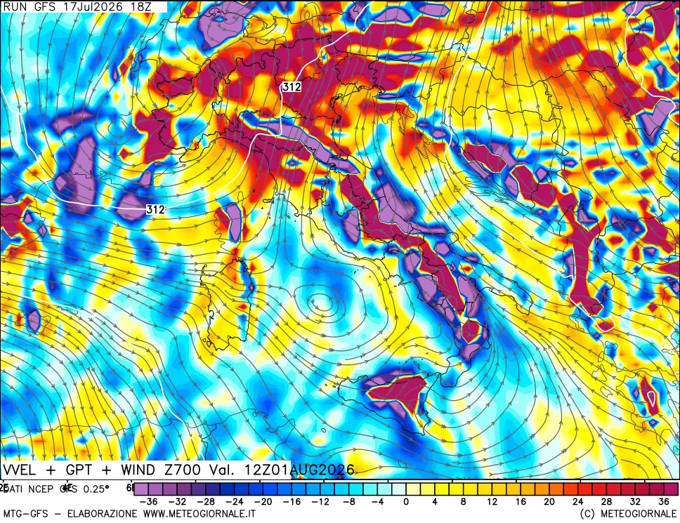 mappa 700 hPa Velocit&agrave; verticiali + GPT + Vento