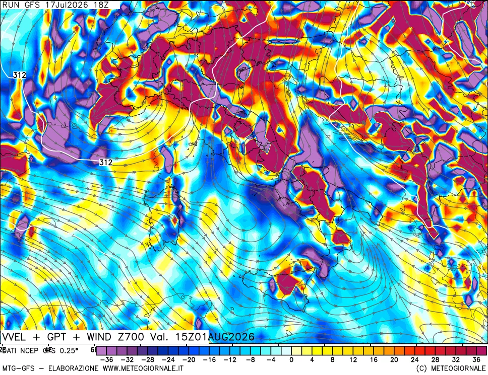 mappa 700 hPa Velocit&agrave; verticiali + GPT + Vento