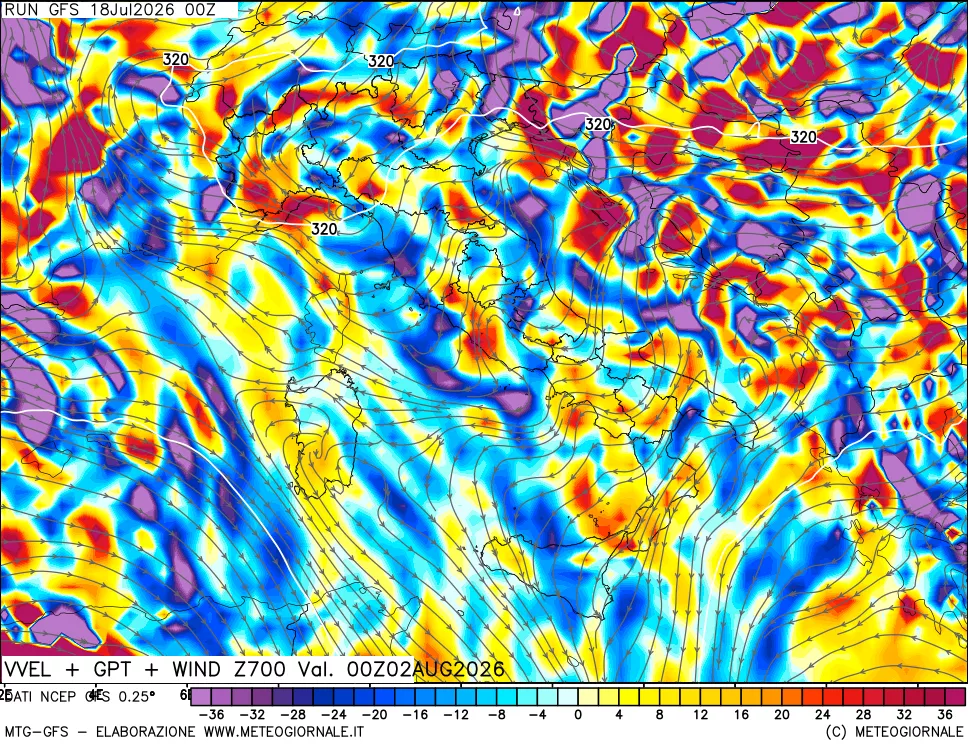mappa 700 hPa Velocit&agrave; verticiali + GPT + Vento
